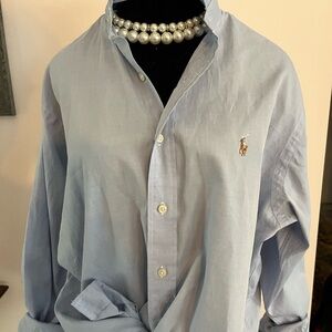 Upcycled Ralph Lauren Pale Blue Button-Down Shirt with Polo Logo